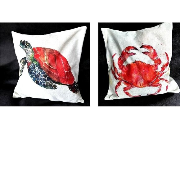 Sea Turtle Crab Throw Pillow Cover Hand Painted Art Deco Chair Beach House READ - Picture 7 of 12